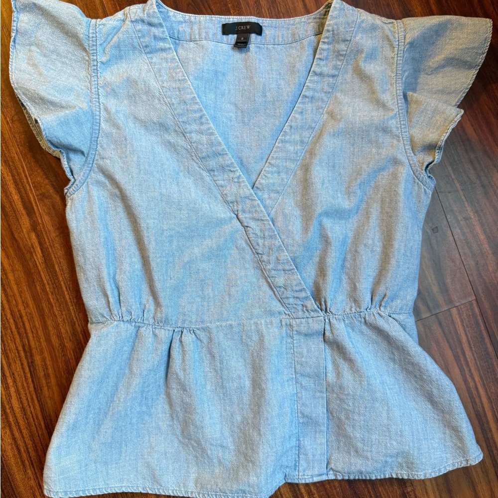 J.Crew Women’s Flutter Sleeve Chambray Denim Faux Wrap Top Size 8